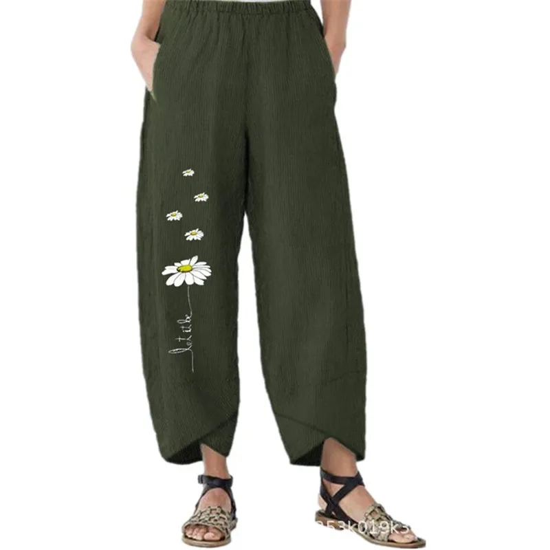 Хлопковые и льняные брюки с ромашками для женщин винтажные Ретро длинные широкие