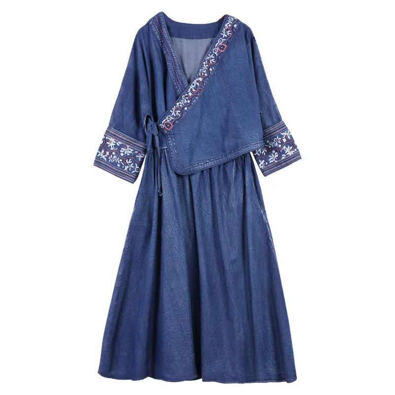 

2021 Autumn Diagonal Placket Lace Up Embroidered Loose Denim Dress Women Retro Large Size Jeans Dresses Female