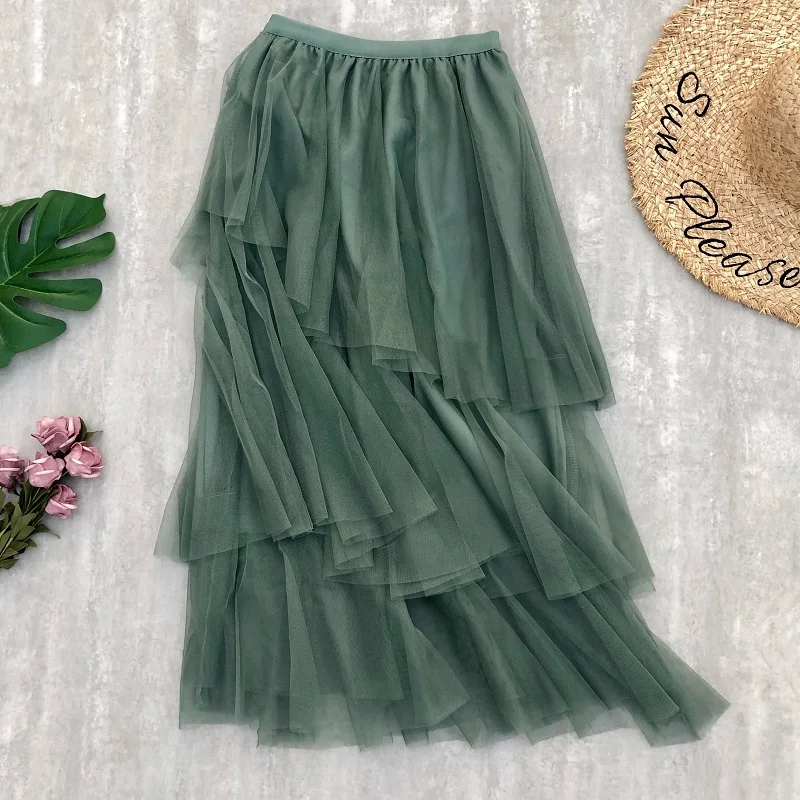 Женская фатиновая юбка средней длины асимметричная эластичная сетчатая пачка с