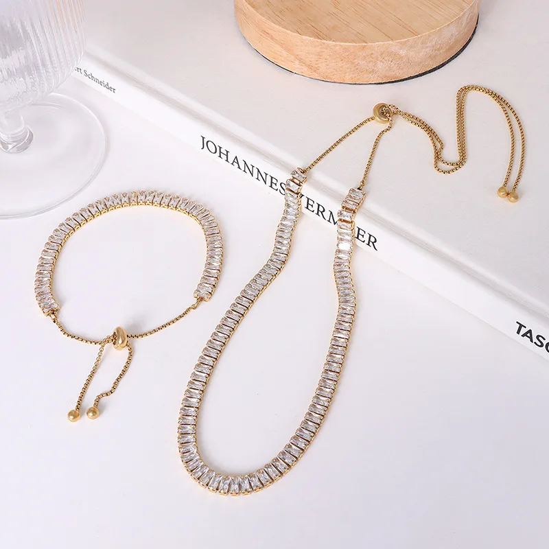 

Gaku New French Ins Style Chocker Simple Starry Zircon Titanium Steel 18K Gold Bracelet Set Women's Jewelry