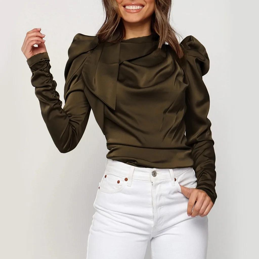 Модная повседневная женская блузка с О образным вырезом и длинным рукавом