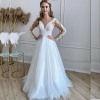 v neck wedding dress long sleeve lace a line 2021 white tulle organza appliques bridal gown vintage civil court train robe de