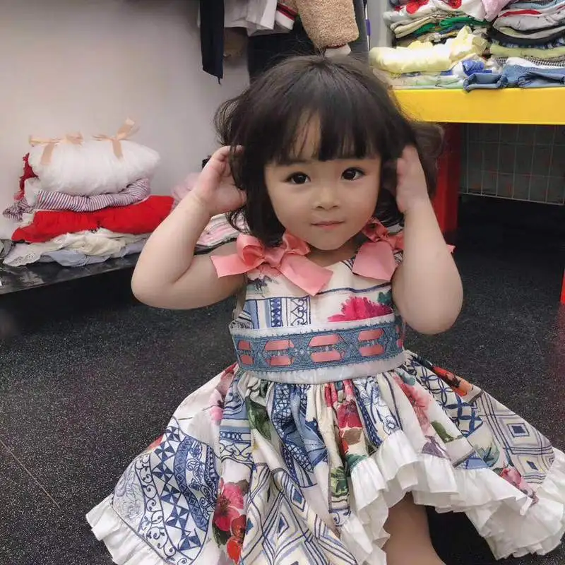 2019Spanish Dresses Antique Printed Champagne-coloured Flying Sleeve Princess dress baby girl clothes 2-6years | Детская одежда и