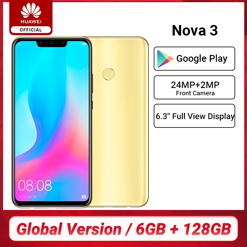 Huawei Nova 3 с глобальной версией 6 ГБ 128 смартфон 24 МП двойная камера s фронтальная