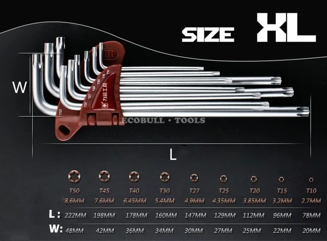 torx XL LIJIAN 9 шт. 1,5 мм-10 мм шестигранник Аллен ключ гаечный ключ набор инструментов imbus матовый хром шаровой ключ Набор отверток Набор инструментов - Цвет: torx XL