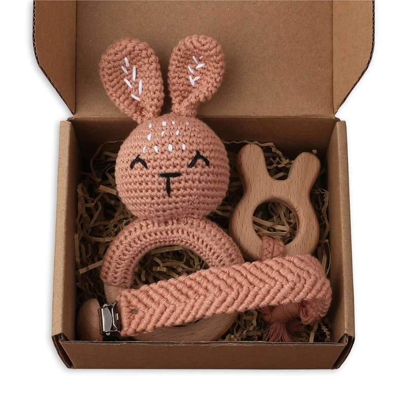 

3pcs Bunny Rattle Toy Wood Ring Baby Teether Gym Mobile Rattles Pacifier Chain