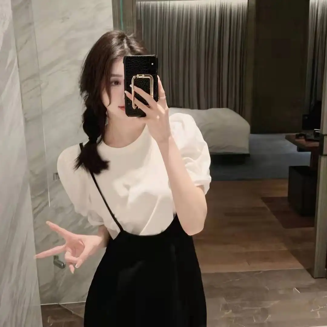 

Snow pear custom web celebrity suit female summer new Korean version loose short sleeve T-shirt wide-leg pants