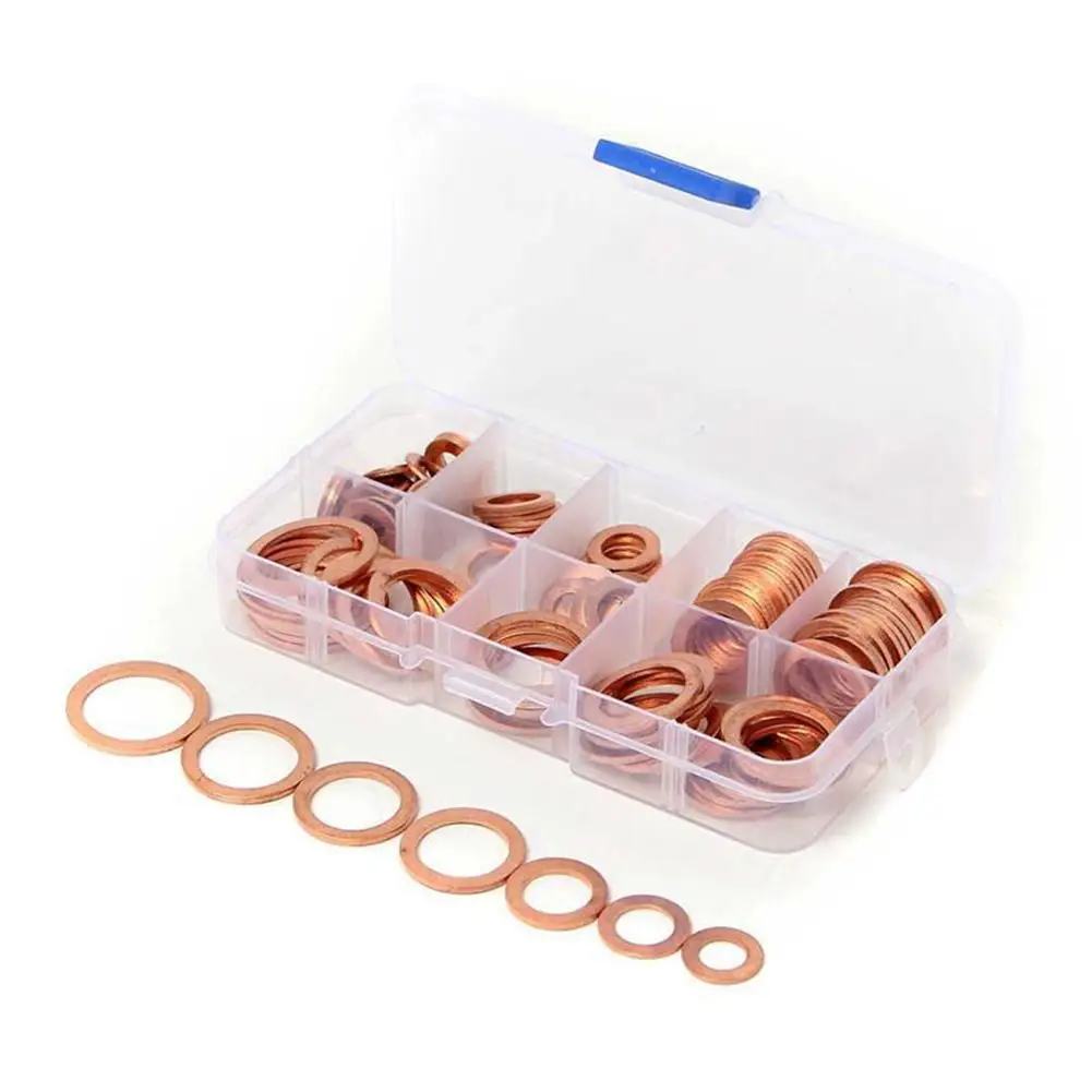 120pcs/box Copper Washer Gasket Nut and Bolt Set Flat Ring Seal Assortment with Box M6/M8/M10/M12/M14/M16/M18/M20