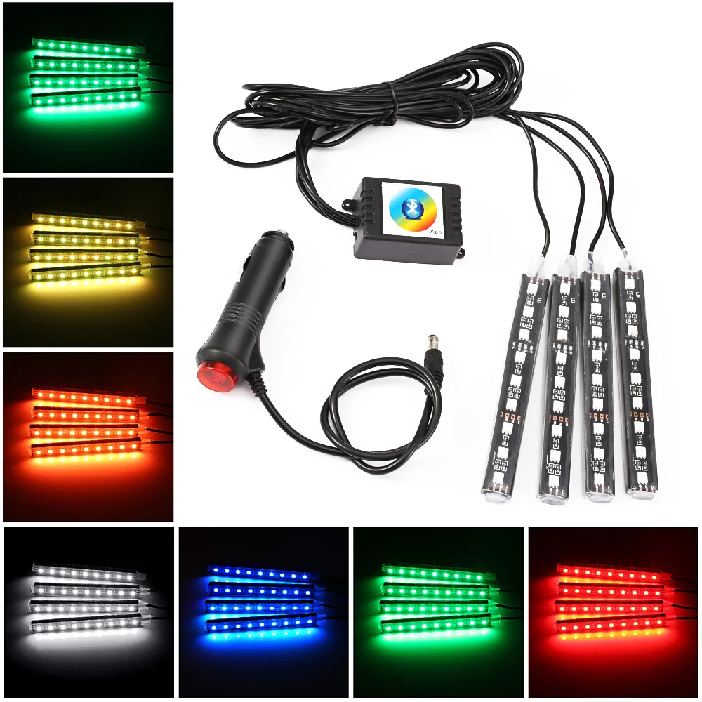 

4Pcs New 9LED Car Interior Neon Smart Phone App Control Colorful RGB Floor Light Strip Color-changing Car Atmosphere Lamp