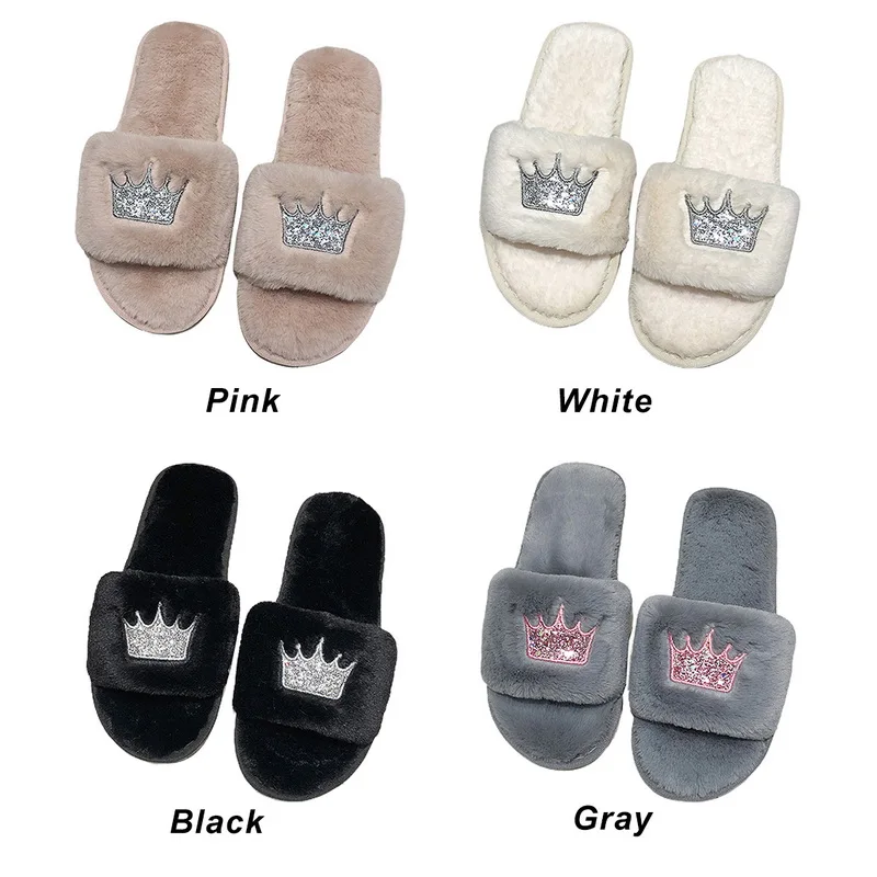 

Puimentiua Fashion Crown Women Fur Slippers Winter Plush Slippers Warm Home Slippers Soft Women Indoor Slippers Fluffy Shoes Hot