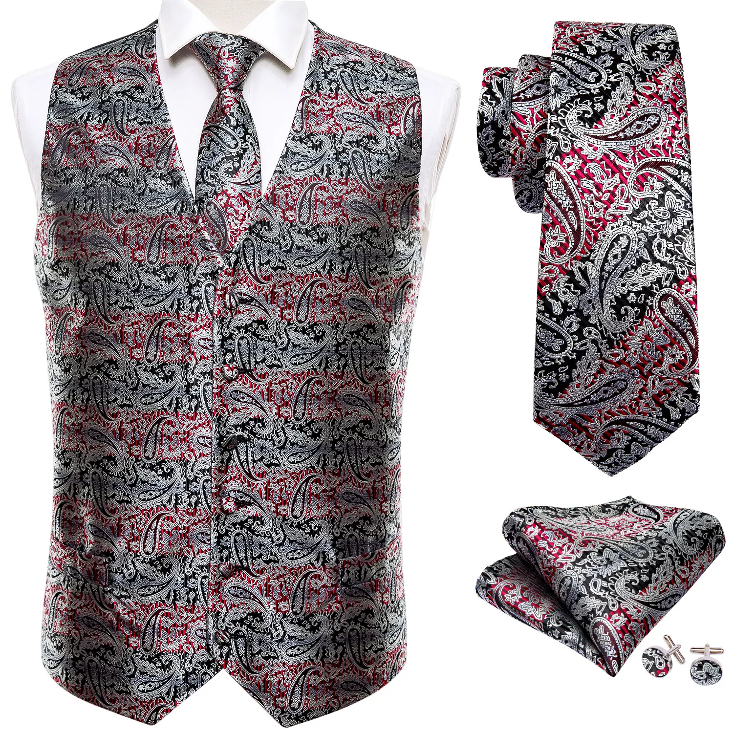 Новая мода мужской жилет черный красный для мужчин 100% шелк жаккард Пейсли Hanky
