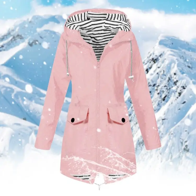 

Waterproof Women Winter Hooded Warm Wind Drawstring multi-pocket button Jacket Raincoat Outdoor Rain Jacket Fitted Outwear S-5XL