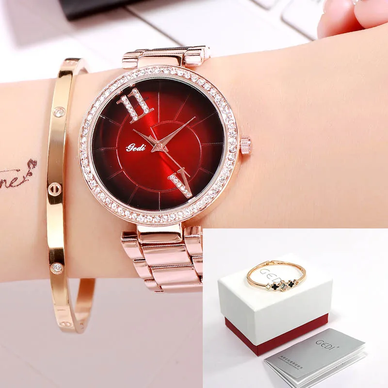 Rosegold red box GEDI модные элегантные женские часы с ремешком из сплава розового золота кварцевые наручные часы женские роскошные стразы уникальный дизайн часы с буквами - Цвет: Rosegold red box