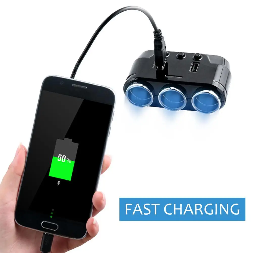

Car Lighter 3-Socket Splitter With LED Indicator Light USB Car Charger
