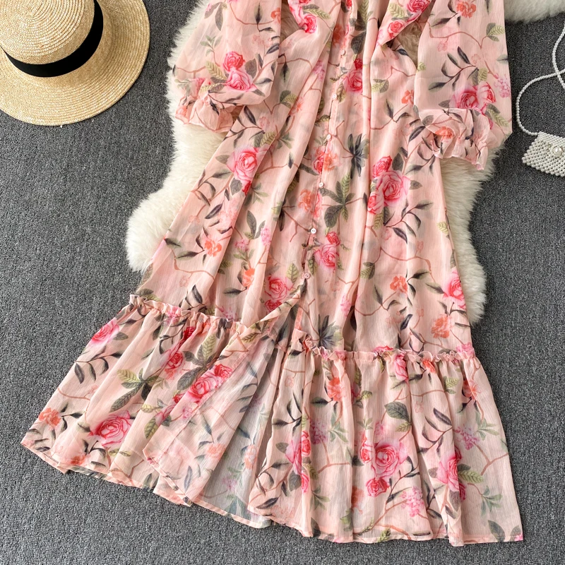 

Autumn Spring Bohemian Women Floral Chiffon Long Dress Pink Flower Printed Robe Elegant Stand Collar Single Breasted Beach Boho