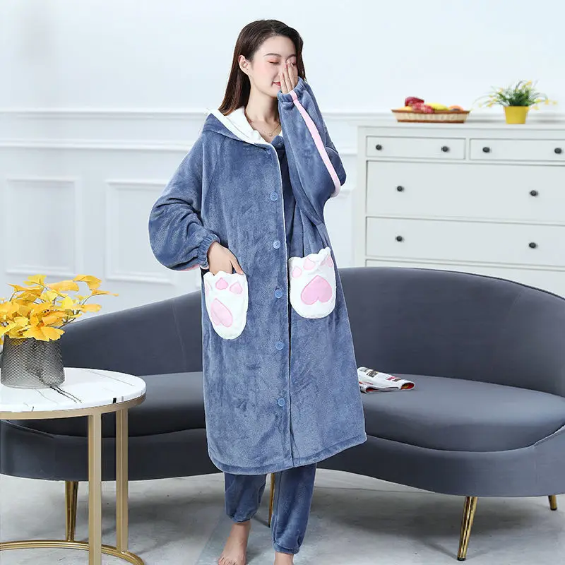 Pajamas Women's Autumn and Winter Thickened Coral Velvet Robe Long Two-piece Suit Can Be Worn Outside Facecloth Home Wear Winter