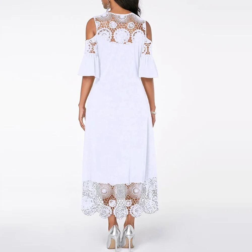 

ICCLEK 2020 S-7XL Plus Size Dress Lace stitching Evening Party Summer Maxi Women Dress Large Ladies Short Sleeve Floral Elegant