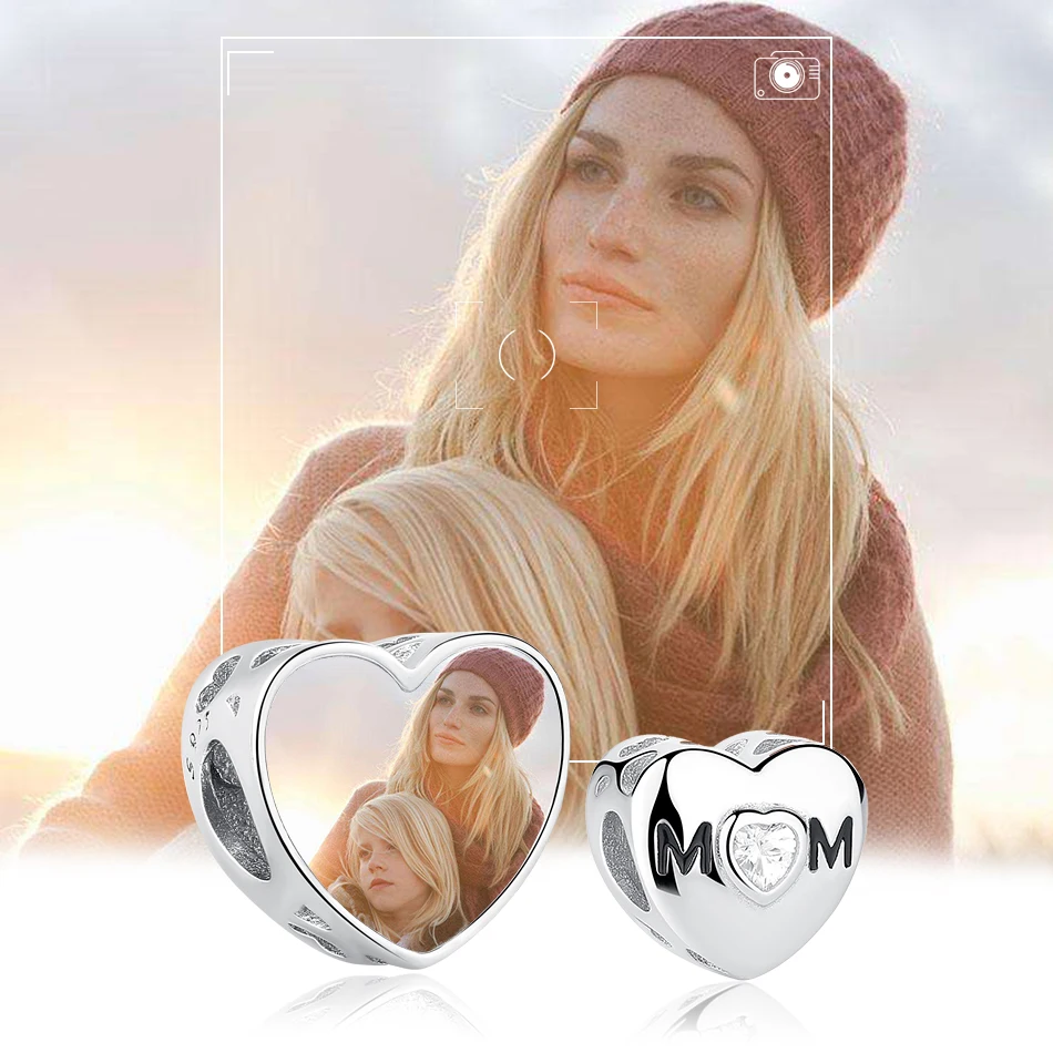 925 Sterling Silver Custom Photo Heart Charm Forever Love Mom CZ Beads Fit Original Bracelet DIY Jewelry Mother's Day Gift | Украшения