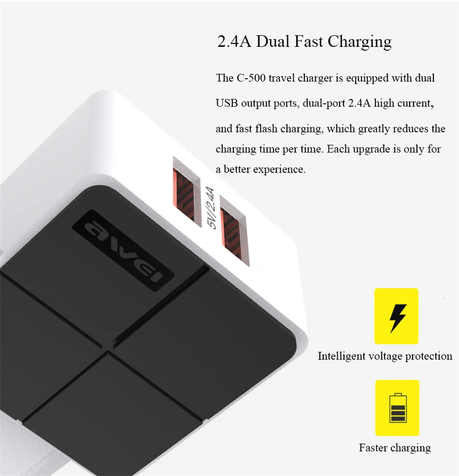 AWEI Dual USB зарядное устройство для телефона, быстрая зарядка, 5 В/2,4 А, ЕС, быстрое настенное зарядное устройство, адаптер, ЕС, мини разъем для iPhone 11, samsung, Xiaomi