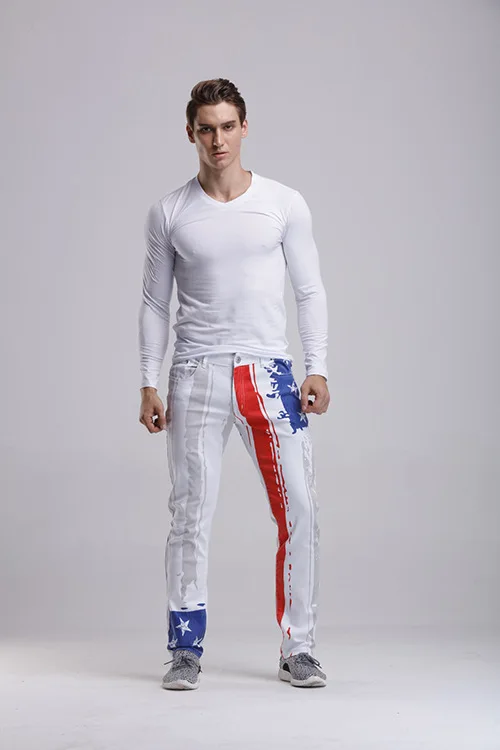 

2020 Men White Printed Flag Casual Jeans Youth Painted Color Case Fashion Printed Jeans
