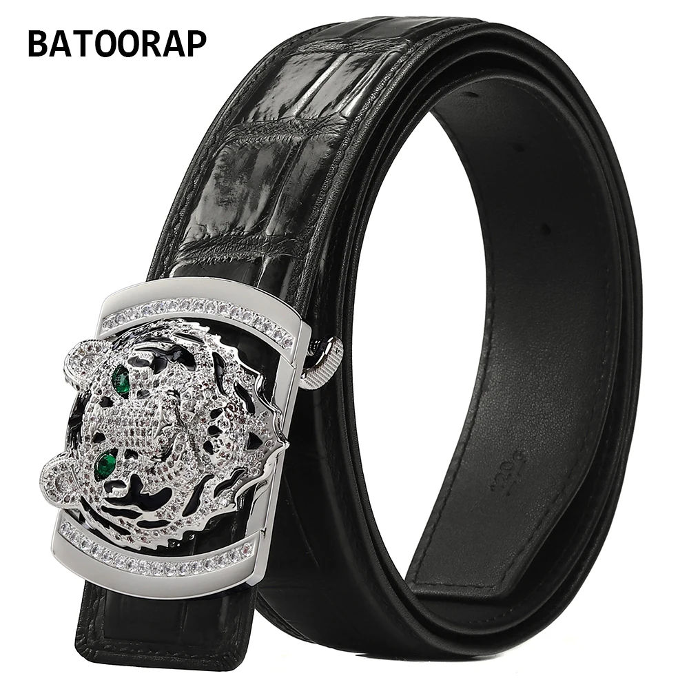 BATOORAP Luxury Designer Crocodile Belt High-End Diamond Silver Stainless Steel Buckle Men Black Crocodile Belly Belts G106P25