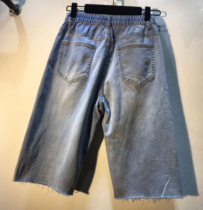 

Women Straight Leg Blue Denim Pants 2021 Summer Rhinestone Beaded Sequins High Waist Denim Shorts Female Slimming Jeans