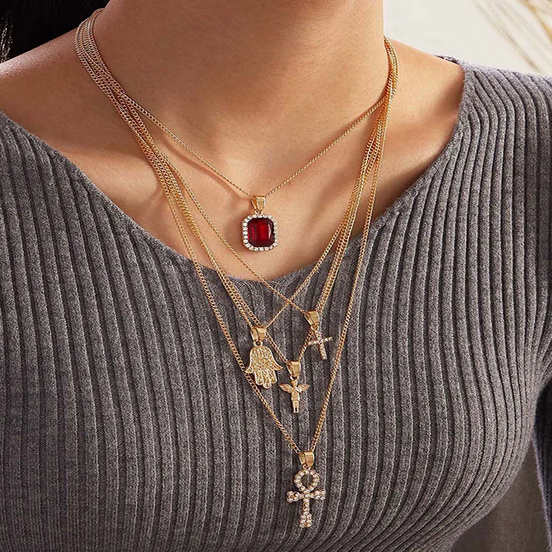 Ожерелье с красным кристаллом женское богемное Смешанное золотистое Фатима