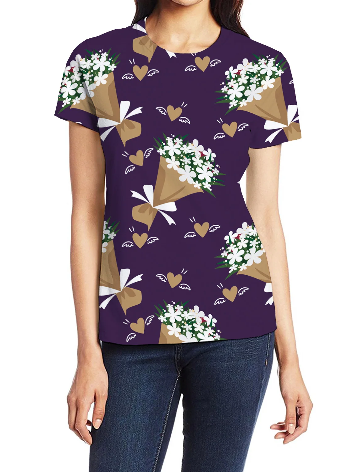 Фиолетовый фон любовь футболка женская короткий рукав полиэстер с круглым