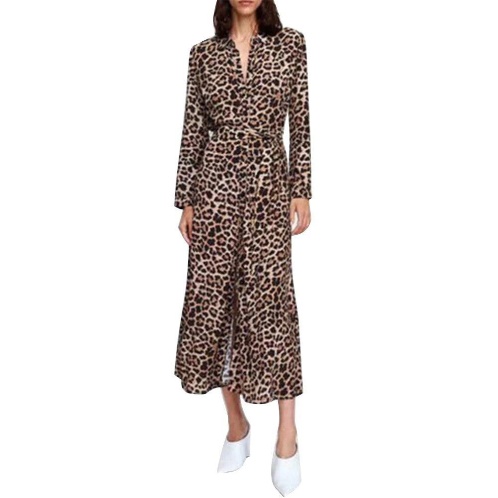 Женское леопардовое Макси платье с длинным рукавом Повседневное леопардовым