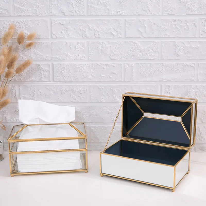 

Прямоугольная латунная стеклянная коробка для салфеток для лица, держатель для салфеток, прозрачный/зеркальный тип для дома, офиса, автомобильное украшение