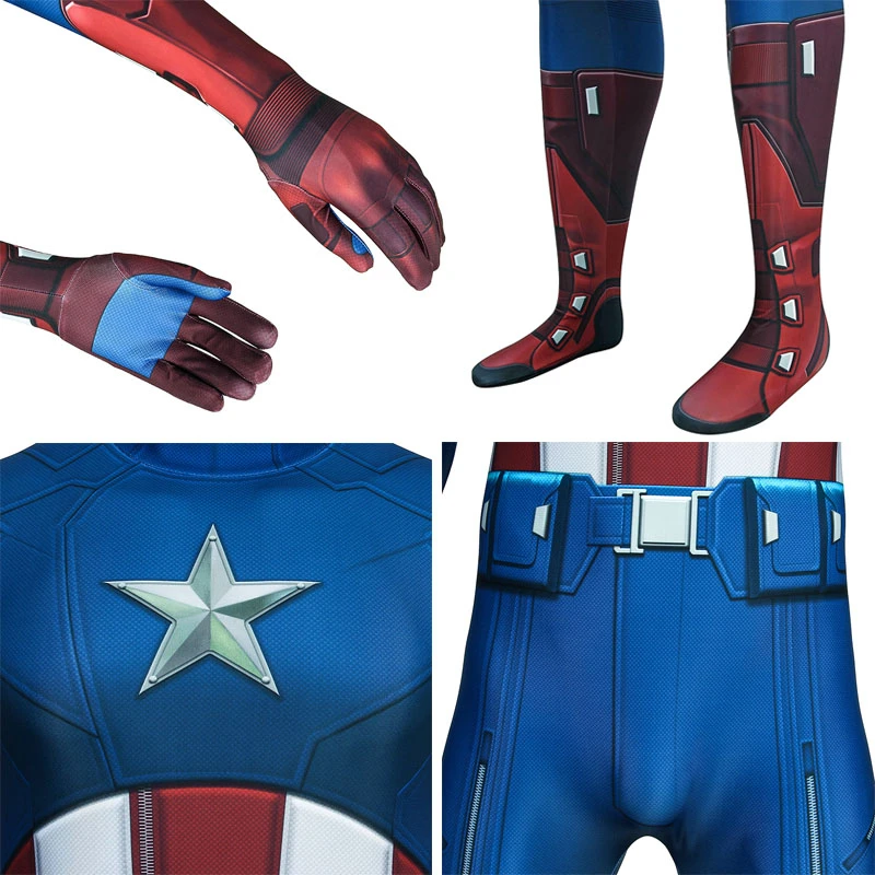 Костюм Капитана Америки Marvel, Мстители, косплей, Стива Роджерса, для взрослых, синий, красный, на Хэллоуин, карнавальный комбинезон, 3D, Zentai, мужской