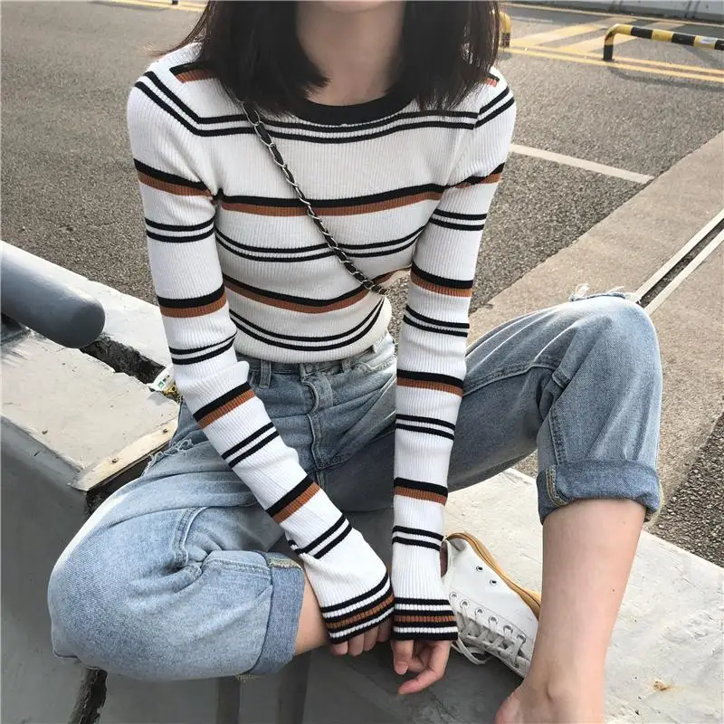 

Spring Autumn Striped Sweater Pullover Office Ladies Basic Women's Knitted Slim Long Sleeve Casual Bottoming Shirt Fashion Top