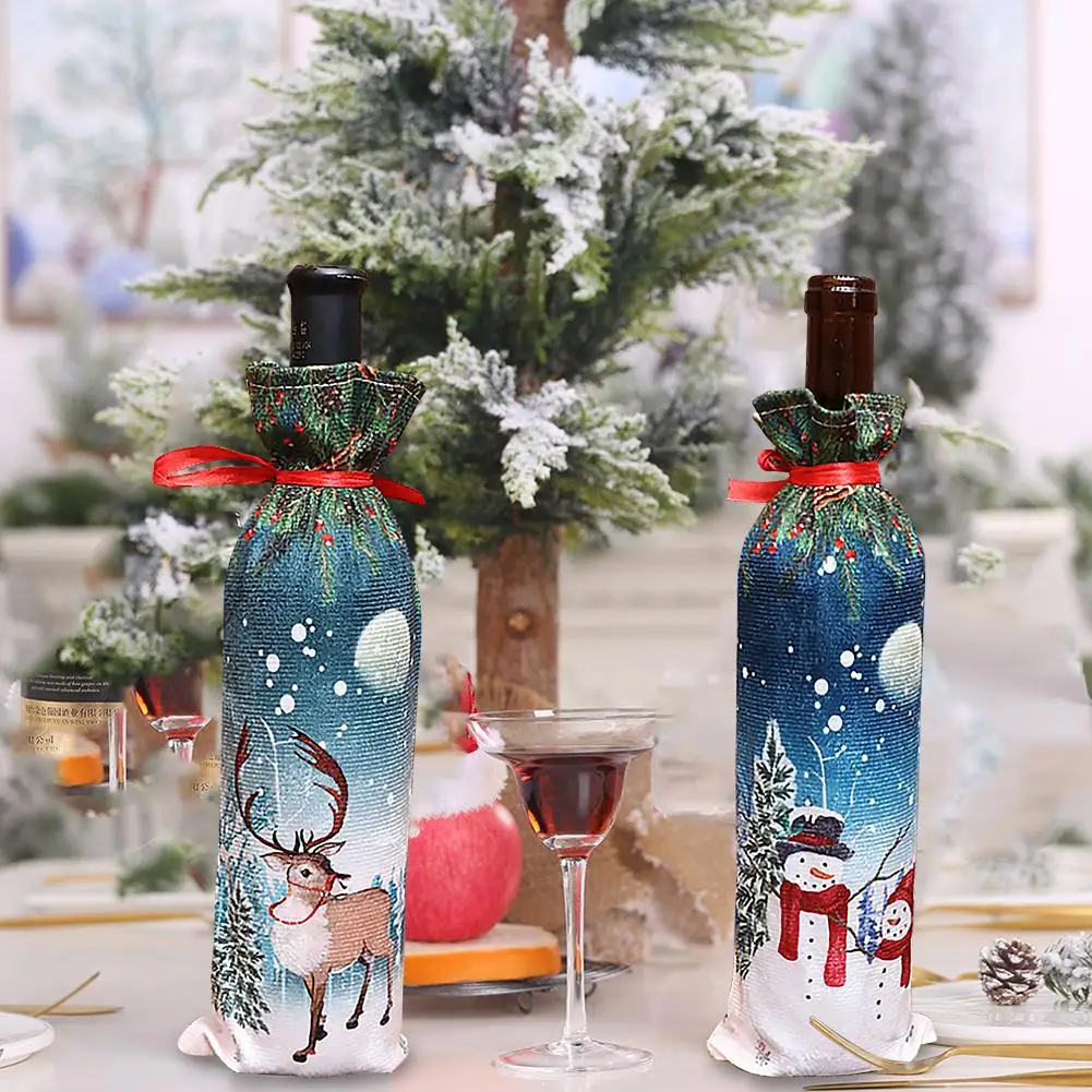 Новогоднее покрытие для бутылки, Рождественское украшение для винной бутылки, Подарочный пакет, Санта Клаус, снеговик, лось, крышка для бутылки для рождественской вечеринки
