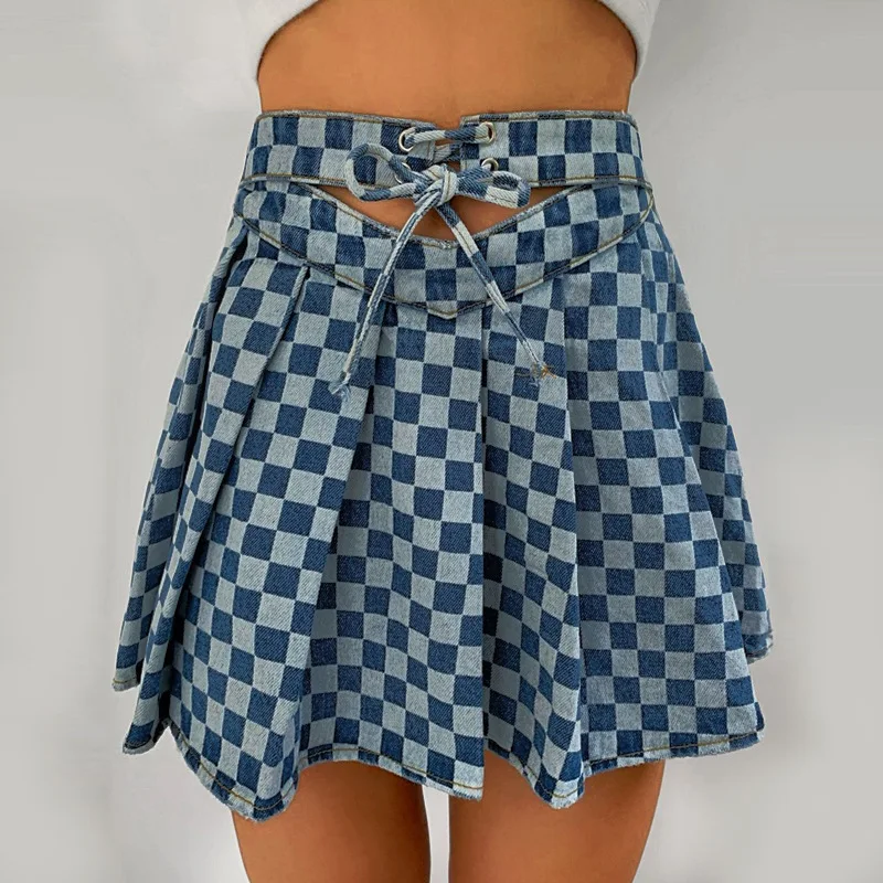 

Fashion Denim Plaid High Waisted Pleated Skirt Women Clubwear Party Lace Up Cut Out Mini Skirts Bottom Clothes