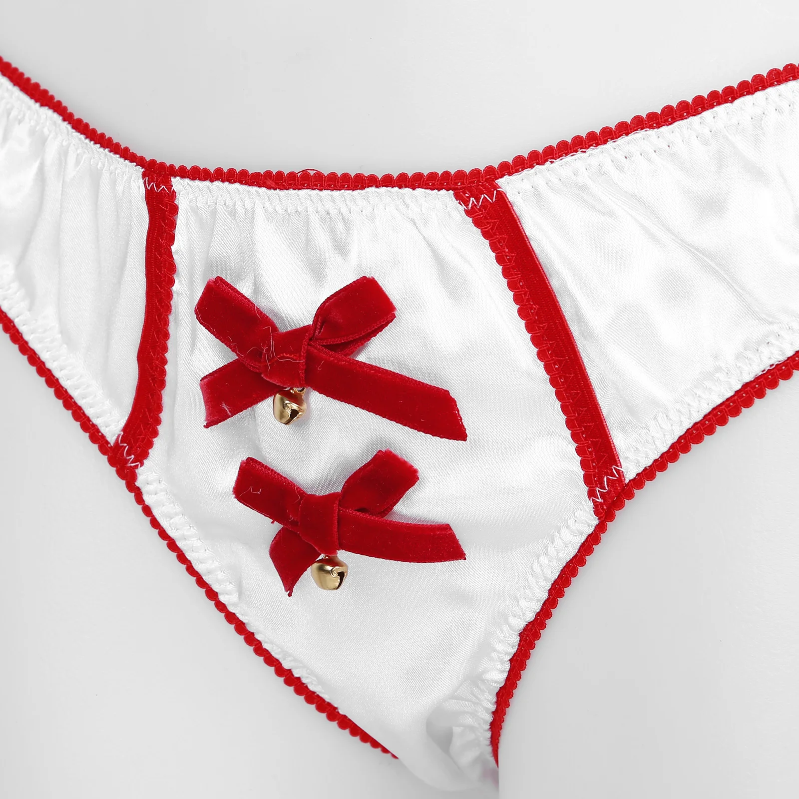 

Women Christmas Briefs Satin Lingerie Thong Elastic Waistband Underwear Front Bowknot Bell Side Fuzzy Ball Decor Sexy Panties