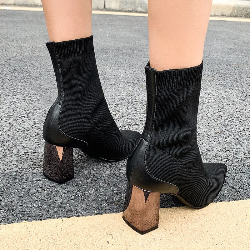 Сексуальные черные женские ботинки носки вязаные ботильоны с острым носком