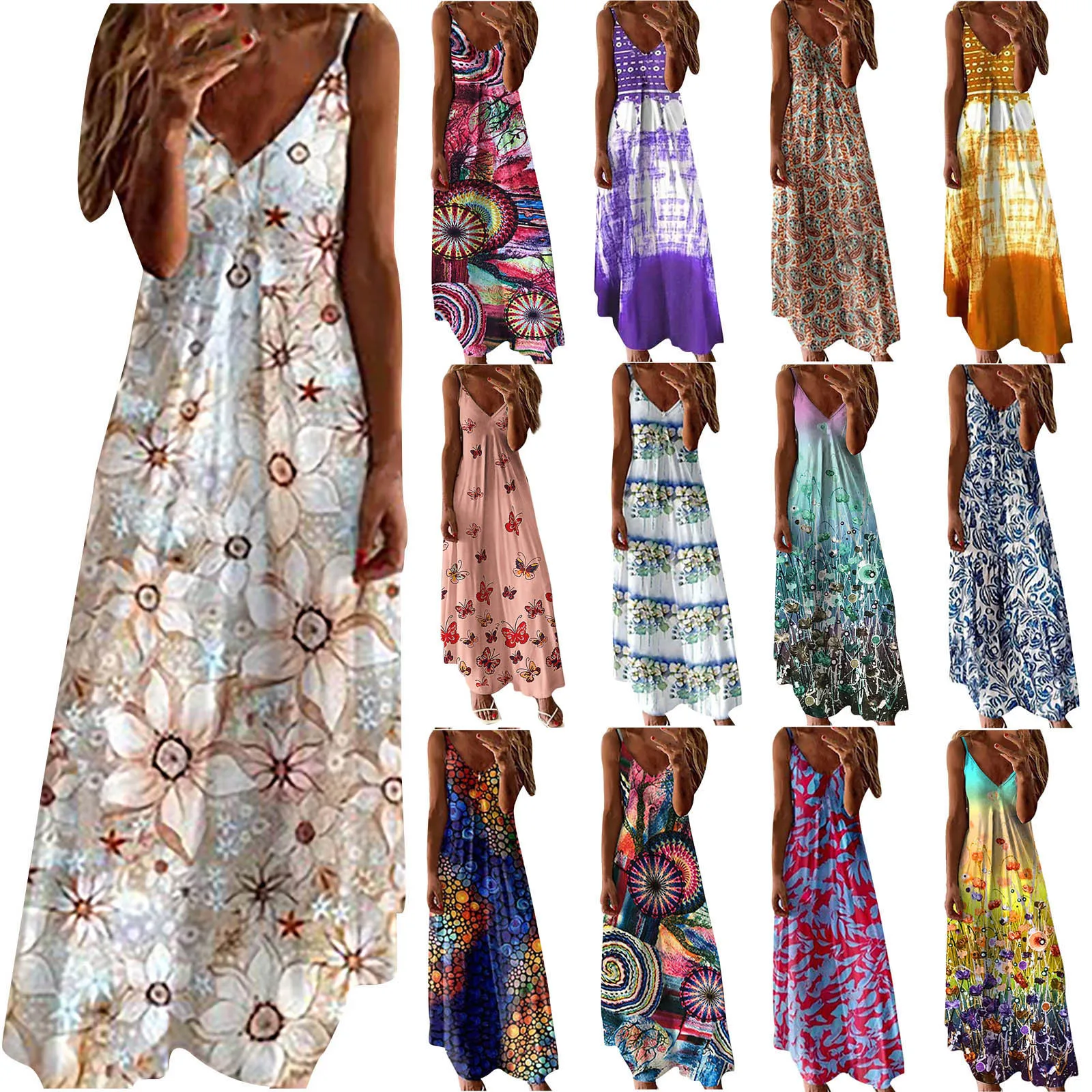 

Модные женские летнее платье с v-образным вырезом на каждый день с принтом в виде бабочек, свободная, без рукавов, висит широкий свободное пл...