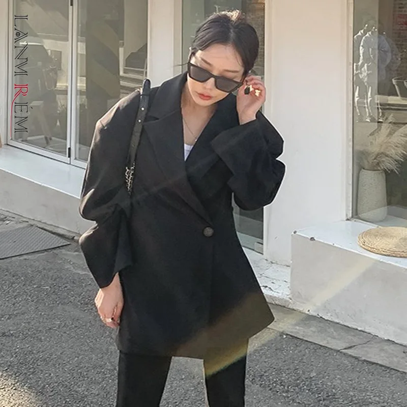 Женский винтажный пиджак LANMREM однотонный свободного кроя с воротником и длинными