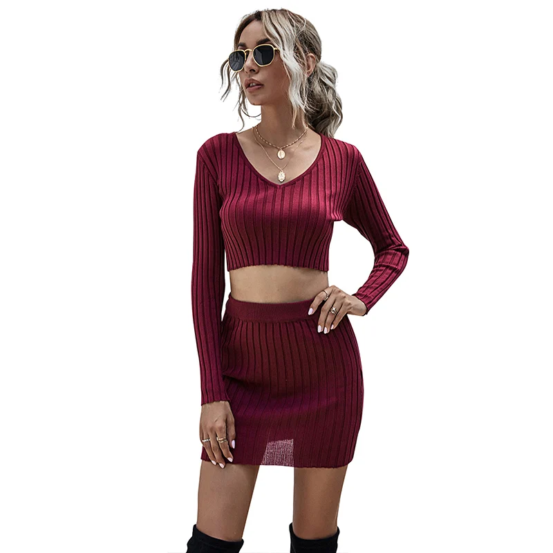 

Burgundy Knitted Women's Sweater 2 Pieces Set V-Neck Pullover Crop Top+Sexy Skirts Casual Streetwear Autumn 2020