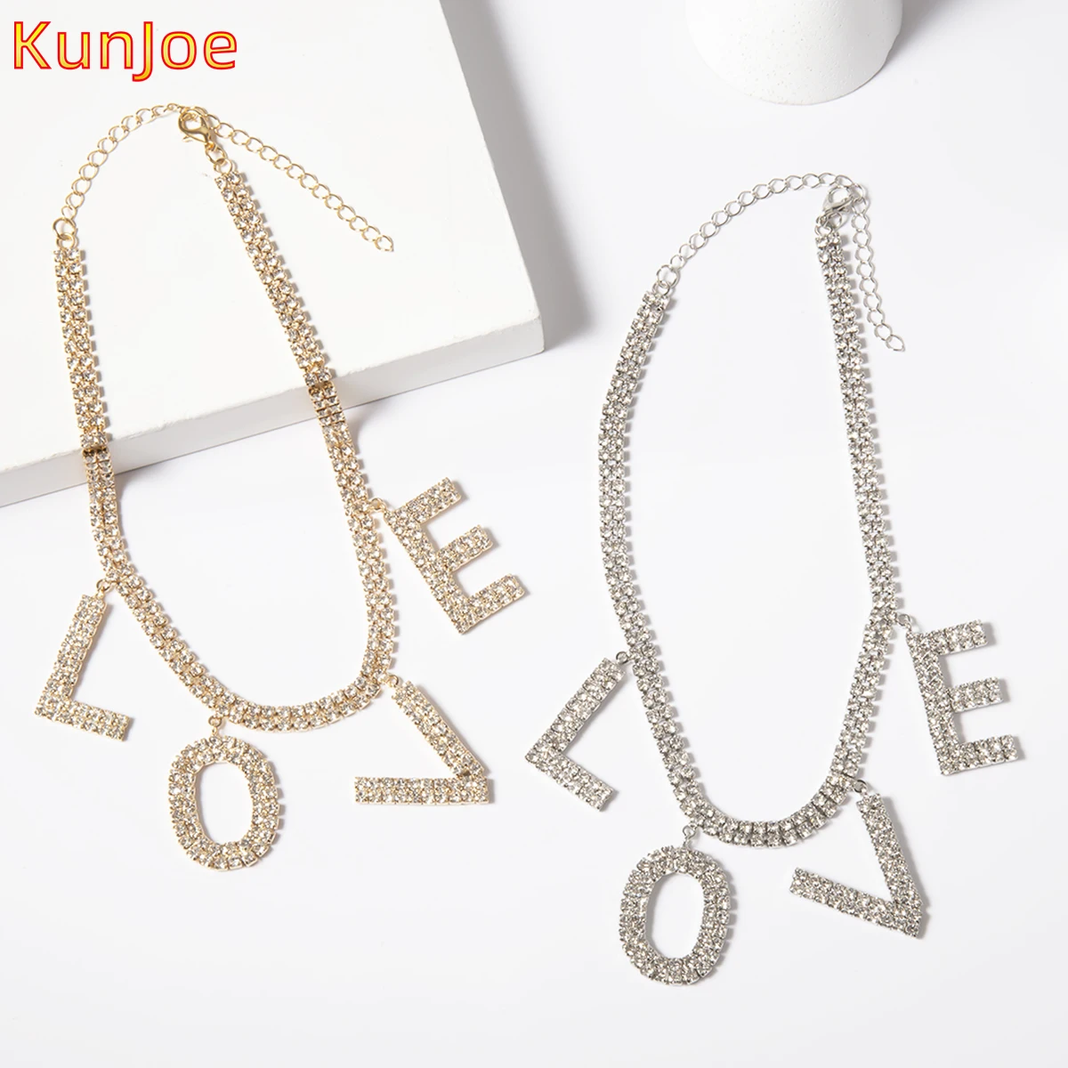 

KunJoe 2021 new Classic Gold Color Crystals Love Letter Pendant Necklace for Women Statement Choker Bohemia Couples Jewelry Gift