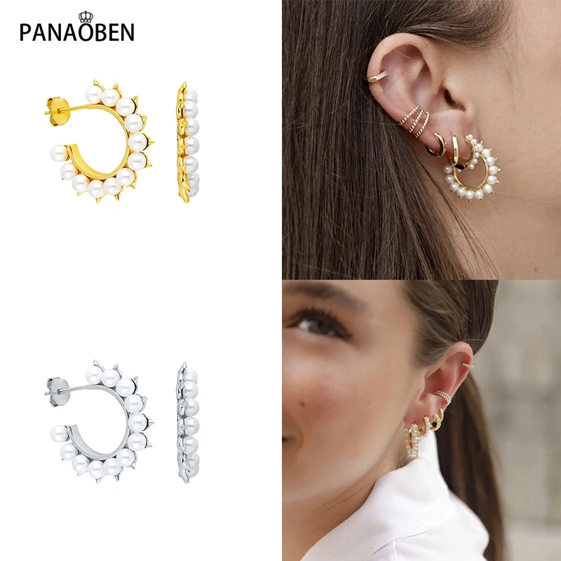 PANAOBEN 925 Sterling Silver Romantic Freshwater Pearls Zircon Gemstones Hoop Earrings for Women Girls Wedding Earrings Jewelry