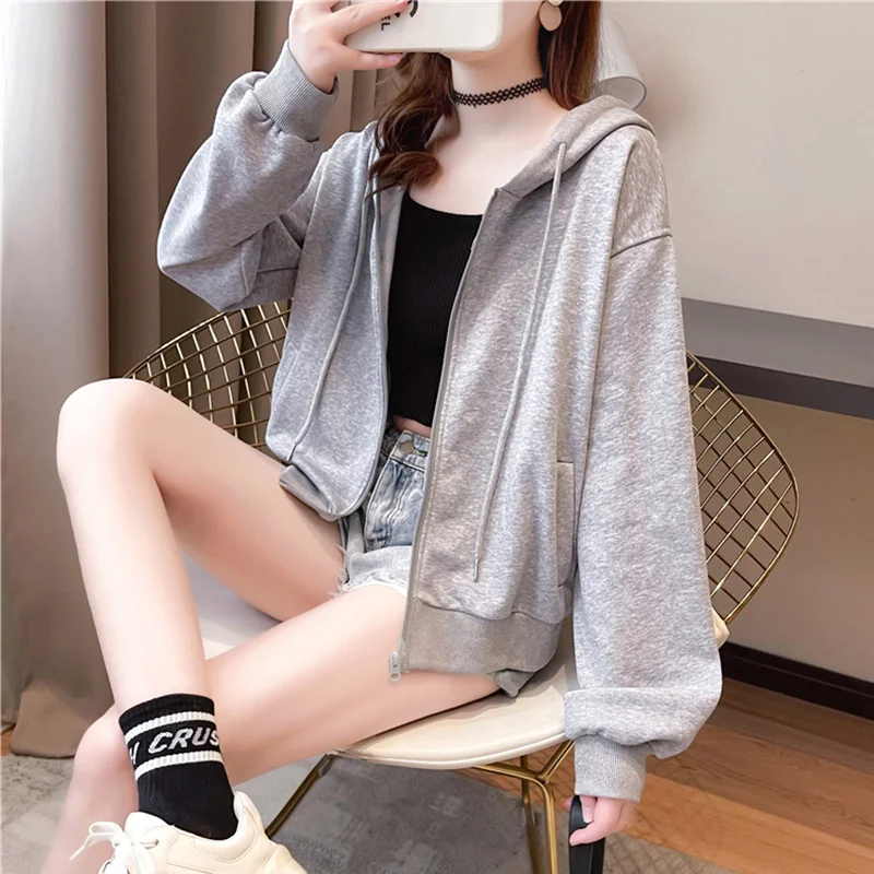 

Черно-белые короткие толстовки #5532, пальто, женские повседневные толстовки на молнии, свободная однотонная толстовка с капюшоном, Хлопковые...