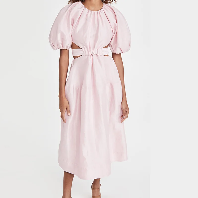 

HIGH QUALITY2021 Summer New Scheming Sexy Open Waist Puff Sleeve Solid Color High Waist A-Line Dress