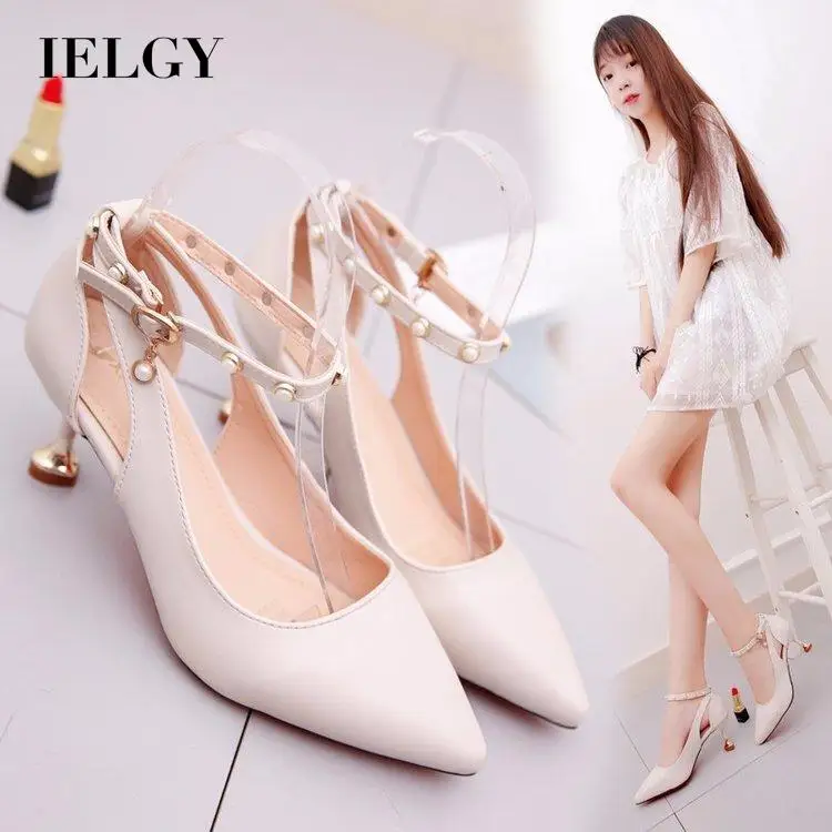 

IELGY Soft Wear-resistant Fashion Banquet Trendy Women's high-heeled sandals 5CM thin heel Rhinestones Beige Breathable