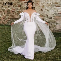 lorie white evening dresses 2021 o neck appliques beaded chiffon long formal mermaid prom gowns long sleeves arabic party dress