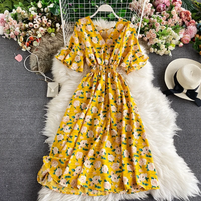 

YIZZHOY New Summer Casual Women Floral Print Long Dress Beach Fairy Dress Elegant Vintage V-neck Backless Ruffled Dress