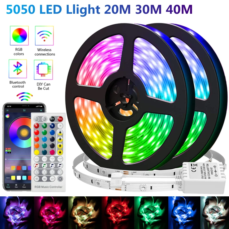 40M 30M LED Strip Light SMD 5050 RGB Flexible Diode Tape Luminous String Bluetooth WIFI Control TV Backlight Bedroom Party Decor