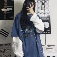 harajuku long sleeved fake two piece t shirt oversized bottoming shirt men women oversized cover meat outside wear punk top goth