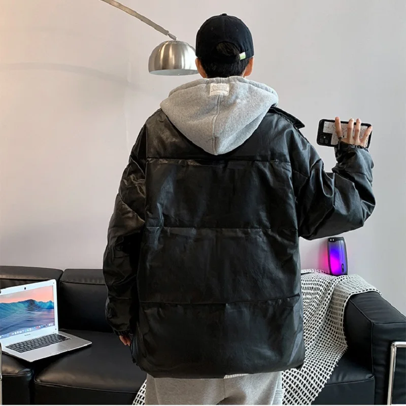 Fake Two-piece Hooded Cotton Coat Men 2021 Korean Fashion Ins Loose Casual PU Leather Coat Couple Cotton Coat Winter Jacket