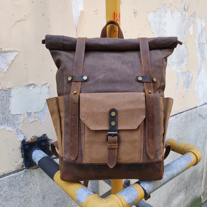 

Вощеный холщовый рюкзак для мужчин, мужской ранец для активного отдыха и походов, водонепроницаемый винтажный рюкзак для ноутбука